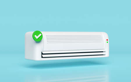 3d air conditioner system with checkmark isolated on blue background. 3d render illustration