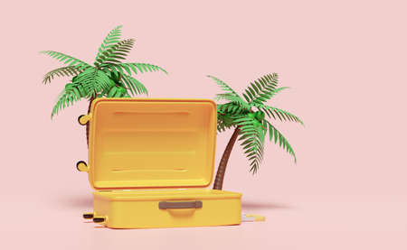 3d yellow open suitcase empty with palm tree isolated on blue background. summer travel concept, 3d render illustrationの写真素材