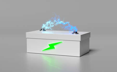 3d Battery charge indicator with thunder isolated on grey background. charging battery technology concept, 3d render illustrationの写真素材