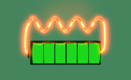 3d Battery charge indicator with wire isolated on green background.  battery short circuit concept, 3d render illustrationの写真素材