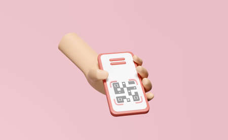 hand holding mobile phone, smartphone 3d fly with qr code scanner isolated on pink background. cashless payment, online shopping concept, 3d render illustrationの写真素材