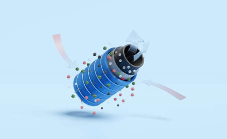 3d 3-layer round air filter for filtering dust, PM.5, virus, odor, arrow air flows shows, prevents vapors and odors from chemicals, virus, allergen, 3d render illustration, isolated on blue backgroundの写真素材
