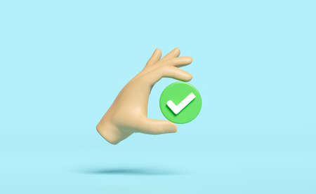 3d hand holding green check marks, tick marks symbols icon isolated on blue background. concept 3d render illustrationの写真素材