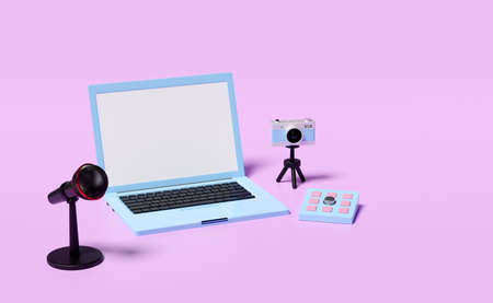 online video live streaming, 3d blank screen laptop computer on table with keypad, microphone, camera isolated on pink background. seo, communication applications, notification message, 3d renderの写真素材