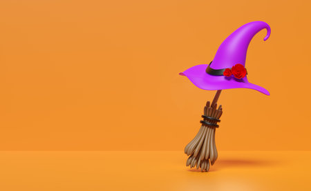 3d purple witch pointed hat with broom isolated on orange background. minimal halloween holiday party concept, 3d render illustrationの写真素材