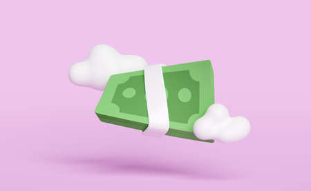3d banknote stack icon with cloud isolated on pink background. economic movements or business finance concept, 3d render illustrationの写真素材