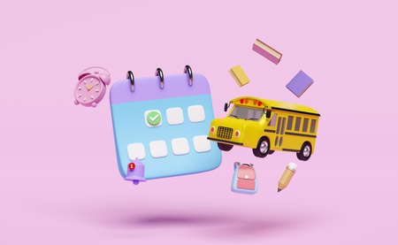 3d calendar with yellow school bus cartoon sign icons, marked date, notification bell, clock,...