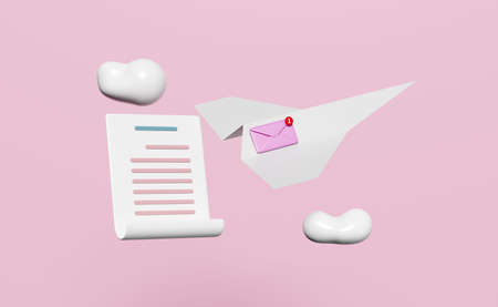 3d paper plane with flying closed envelope, wings, cloud, clipboard white checklist paper isolated on pink background. notify newsletter, online incoming email concept, 3d render illustrationの写真素材