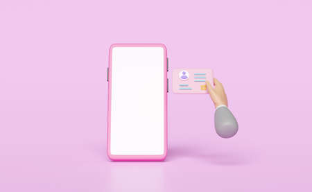 3D hand using Id card with mobile phone, smartphone isolated on pink background. Business person...