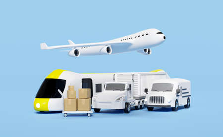 land transport concept, 3d worldwide shipping with truck delivery van, plane, sky train transport...