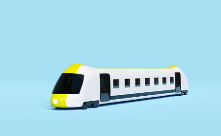 3d bullet train cartoon, yellow white sky train transport toy, summer travel service, planning traveler tourism train isolated on blue background. 3d render illustrationの写真素材