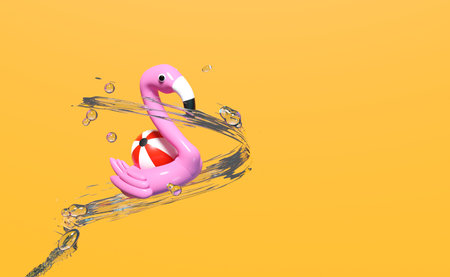 3d pink Inflatable flamingo transparent with water splash, copy space isolated on orange background. summer travel concept, 3d render illustrationの写真素材