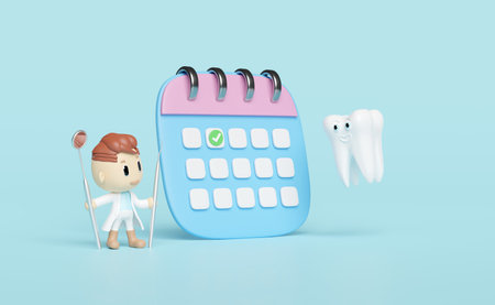 3d miniature cartoon character dentist with dental molar teeth model, checkmark icons, marked date isolated on pink. health of white teeth, dental examination of the dentist, 3d render illustrationの写真素材