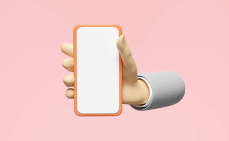 3d hand holding smartphone isolated on pink background. hand using mobile phone, screen phone template, empty screen phone mockup, minimal concept, 3d render illustrationの写真素材