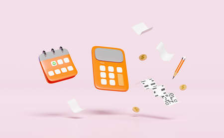 3d orange calculator float with calender, bill receipt paper, dollar money coins, pencil isolated on pink background. invoice, electronic bill, minimal concept, 3d render illustrationの写真素材
