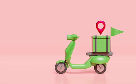3d delivery green scooter and food box with pin, flag isolated on pink background. express food delivery service concept, 3d render illustrationの写真素材