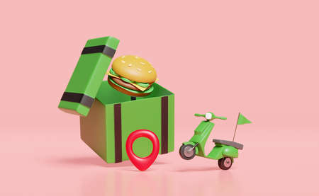 3d delivery scooter and green food box with burger or hamburger, pin, flag isolated on pink background. express food delivery service concept, 3d render illustrationの写真素材