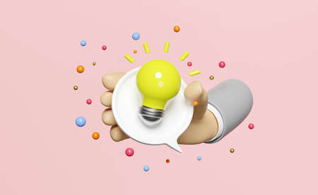 3D hand hold chat bubbles icons with yellow light bulb isolated on pink background. seo, minimal social media messages, idea tip concept, 3d render illustrationの写真素材