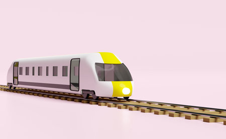 3d bullet train cartoon with railroad tracks, sky train transport toy, summer travel service,...