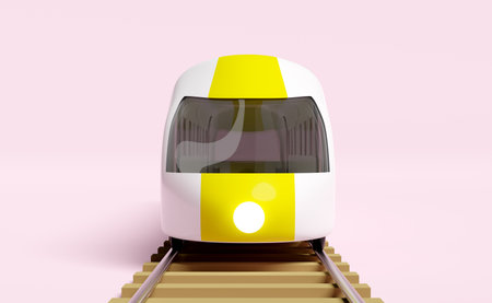 3d bullet train cartoon with railroad tracks, sky train transport toy, summer travel service,...