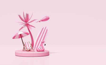 3d summer travel with  stage podium, beach chair, flamingo, ball, coconut palm tree, plane, surfboard, umbrella isolated on pink background. concept, 3d render illustrationの写真素材