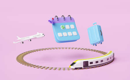 calendar with suitcase, sky train transport toy 3d, plane, checkmark icon, marked date, notification bell isolated on pink. schedule appointment, summer travel train, itinerary, 3d render illustrationの写真素材