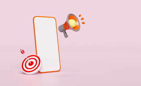 3d mobile phone, orange smartphone with megaphone,  target, darts, arrow isolated on pink background. promotion news for social media networks, business goal concept, 3d render illustrationの写真素材