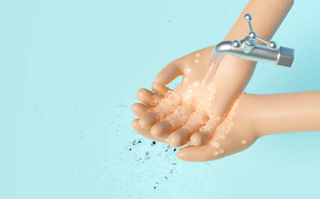 3d washing two hands under the water tap isolated on blue background. hands holding clean water...