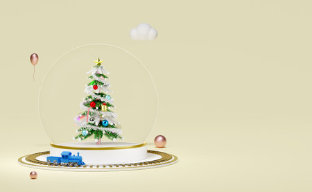 snow globe with christmas tree stage podium, ornaments, steam train transport toy isolated on beige. website, poster, happiness cards, Christmas banner, festive New Year, 3d illustration renderの写真素材