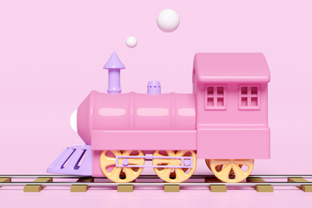 3d locomotive with railroad tracks, steam train transport toy, summer travel service, planning...