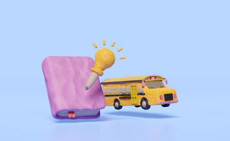 3d textbook plasticine, close book with school bus, light bulb, pencil clay isolated on blue. idea...