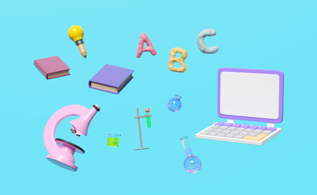 3d laptop computer monitor with microscope, beaker, test tube, character ABC clay toy icon float isolated on blue background. room online innovative education, 3d render illustration, clipping pathの写真素材