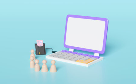 3d purple laptop computer with wooden figures row, smart card reader, external USB card reader, Id...