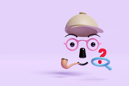3d cartoon face detective character with question mark symbol,  magnifying glass, brown hat, smoking...
