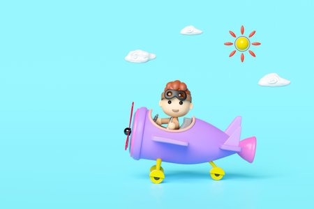 child pilot character with pilot glasses, propeller plane on the airport isolated on blue...