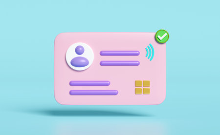 3d Id card icon with checkmark, WiFi isolated on blue background. human resources, plastic card, Job...