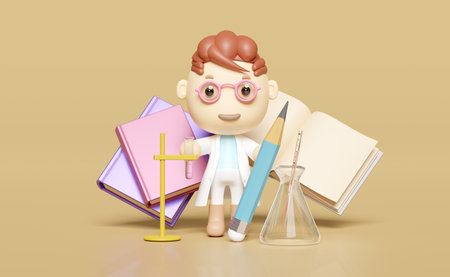 room innovative education concept, 3d miniature cartoon boy character hand hold test tube with science experiment kit, textbook isolated on brown background. 3d render illustrationの写真素材