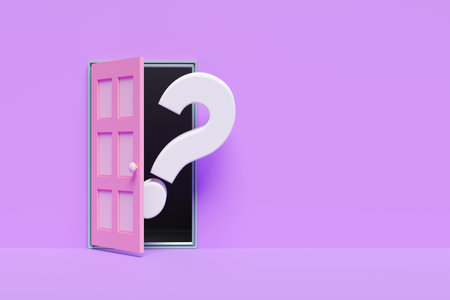 open door with white question mark symbol in dark room, purple walls, mockup template, door or frequently asked questions, minimal concept, 3d illustration or 3d renderの写真素材