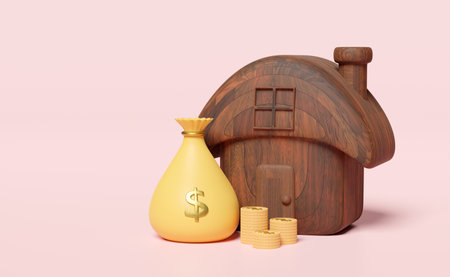 money yellow bags dollars with wooden house, gold coins pile, saving money concept, isolated on pink background. 3d illustration or 3d render, clipping pathの写真素材