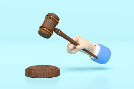 3d wooden judge gavel, hand holding hammer auction with stand isolated on blue background. law, justice system symbol concept, 3d render illustration, clipping pathの写真素材