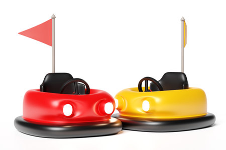 3d amusement park concept with red yellow electric bump car isolated on white background. 3d render illustration, clipping pathの写真素材