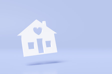 paper house icon isolated on blue background. real estate trading, quality guarantee concept, 3d render illustration, clipping pathの写真素材