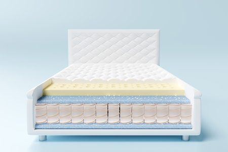 3d layered sheet material mattress with air fabric, pocket springs, natural latex, memory foam isolated on blue background. 3d render illustration, clipping pathの写真素材