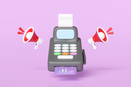 3d payment machine or pos terminal float with credit card, electronic bill payment, invoice, paper check receipt, megaphone isolated on pink background.  3d render illustration, clipping pathの写真素材