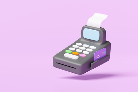 3d payment machine or pos terminal float with credit card, electronic bill payment, invoice or paper check receipt isolated on pink background. 3d render illustration, clipping pathの写真素材
