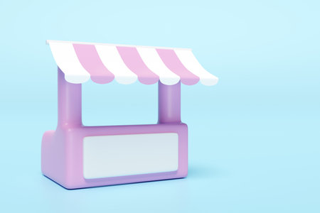 3d pink white booth shop icon or empty retail store front with striped awning isolated on blue background. startup franchise business concept, 3d render illustration, clipping pathの写真素材
