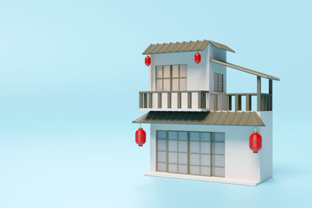 3d Japanese style two storey detached house icon isolated on blue background. real estate trading, quality guarantee concept, 3d render illustration, clipping pathの写真素材