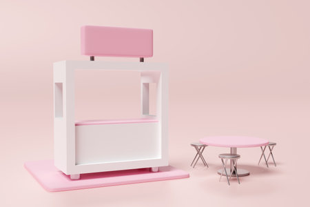 3d pink white booth shop icon or empty retail store front with shop sign, chair, table isolated on pink background. startup franchise business concept, 3d render illustration, clipping pathの写真素材