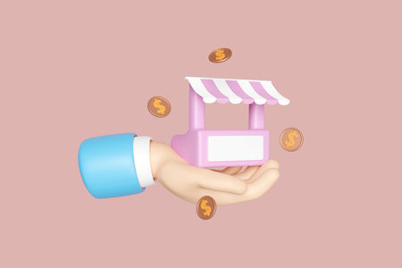 cartoon hands holding store front, coins isolated on pink background. Startup franchise business or loan approval concept, 3d render illustration, clipping pathの写真素材