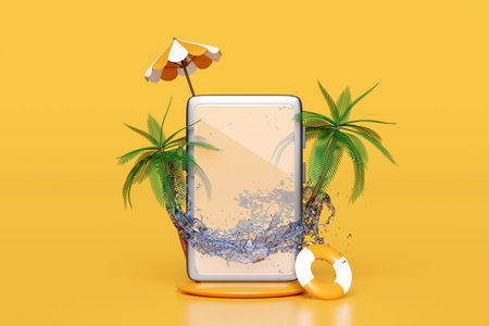 mobile phone or smartphone with water splash, palms, search magnifying, umbrella, lifebuoy isolated on yellow background. online shopping, summer travel vacation concept, 3d render illustrationの写真素材